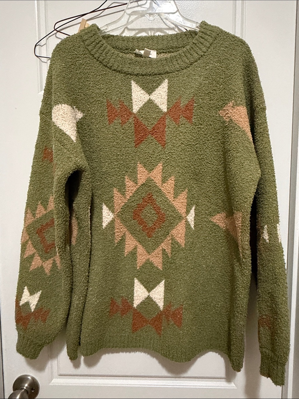 Cozy Olive Green Aztec-Pattern Crewneck Sweater